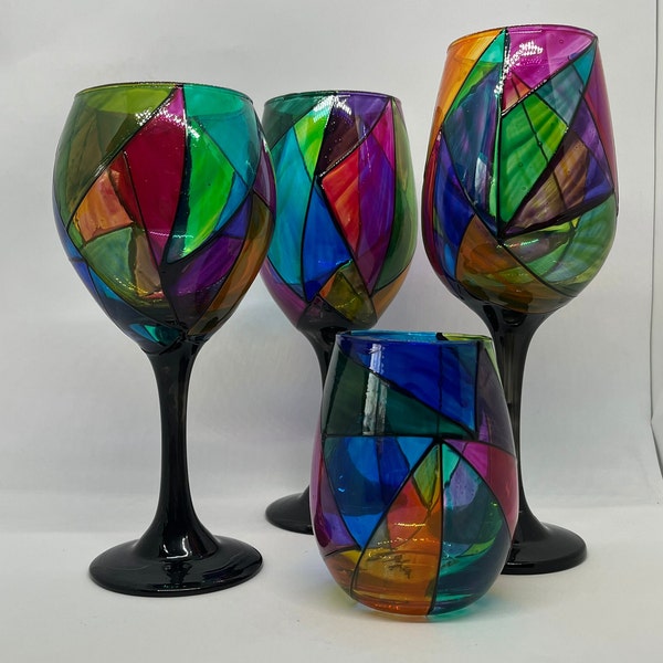 Cathedral, colorful hand-painted wine glass, single stem, 4 styles