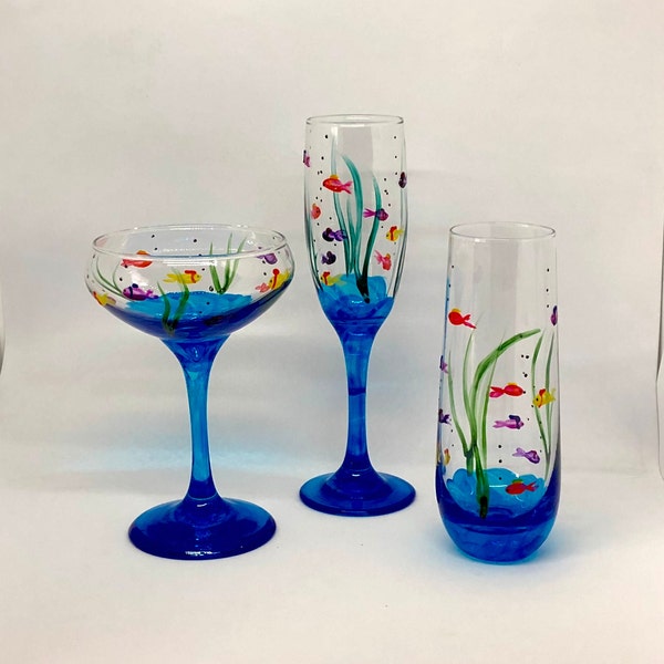 Fish, whimsical hand-painted functional, champagne glass, single stem, 3 styles