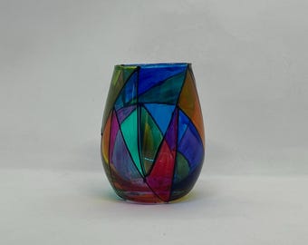 Cathedral, hand-painted colorful stemless wine glass