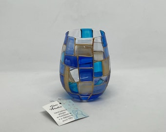 Beachcomber, blues for summer or fall, hand-painted stemless wine glass