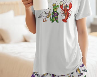 Funny Mardi Gras Animal Pajamas Set - Crocodile Crawfish Goose Prints, Mardi Gras Matching Pajamas, Fleur De Lis Fat Tuesday Outfit