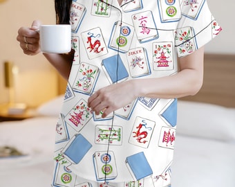 Women’s Mahjong Pajama Set, Watercolor Cocktail Chinoiserie PJs, Mahjong Party Sleepwear, Game Night Sleepwear, Asian Tile Print Loungewear