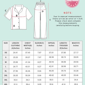 May include: Diagram of a pajama set with measurements in inches. The set includes a button-down shirt and pants. A size chart details clothing length, chest width, sleeve, hips, trouser length, and waist measurements for sizes XS to 5XL.