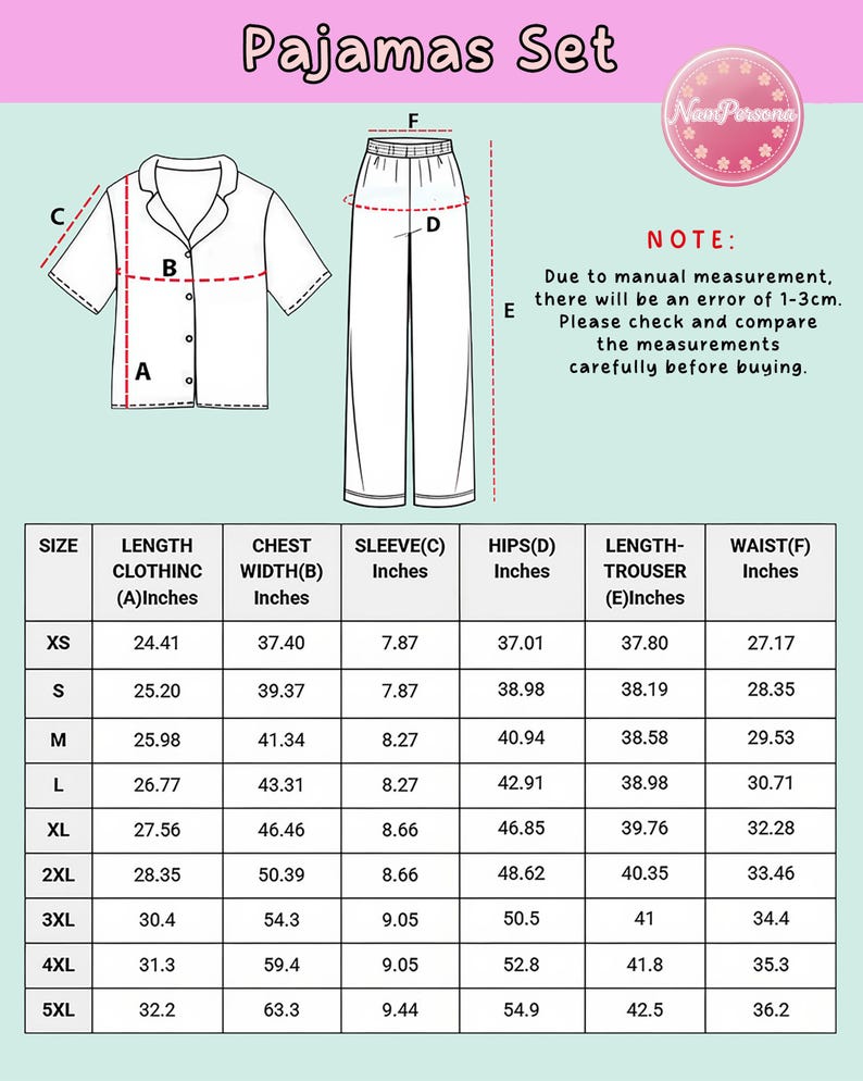 May include: Diagram of a pajama set with measurements in inches. The set includes a button-down shirt and pants. A size chart details clothing length, chest width, sleeve, hips, trouser length, and waist measurements for sizes XS to 5XL.