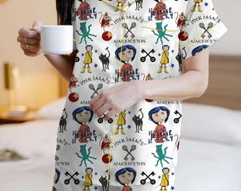 Coraline Pajama Novelty Pajama Set , Cartoon Pajama Set, Spooky Cute Sleepwear – Cozy Lounge Set for Women, Fantasy Movie Print Sleepwear