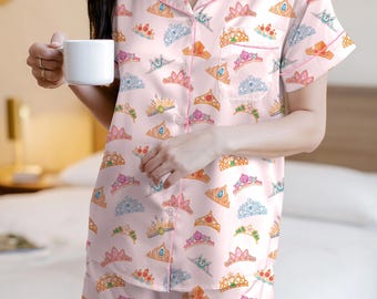 Disney Princess Crown Pajama Set, Beauty And The Beast Pajamas, Magic Kingdom Outfit, Gift for Disney Fans, Pink Tiara Sleepwear