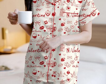 Valentine Print Pajama Set, Love Pattern Button-Up Sleepwear, Valentine Gift for her, Cozy Loungewear Gift