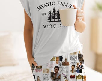 Vampire Diaries Pajamas Set,Vampire Diaries T-Shirt And Pant, Vampire Diaries Move Pjs,Mystic Falls Tee, Vampire Diares clothes,gift for her