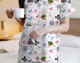 Disney Coquette Pajama Set, Mickey Tower Pajama Loungewear, Walt Disney World Coquette Pajama Sleepwear, Disney Valentine Holiday Pajamas