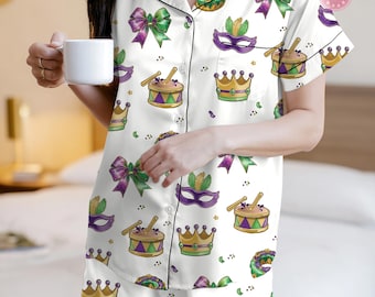Mardi Gras Carnival Pajama Set, Pajamas Pants, New Orleans Cruise Holiday Pajamas, Coquette Pajamas, Mardi Gras Pajama For Women Men
