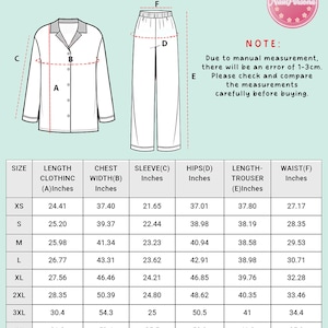 May include: White long pajama set with a button-down top and pants. The image includes a size chart with measurements in inches for clothing length, chest width, sleeve length, hips, trouser length, and waist.