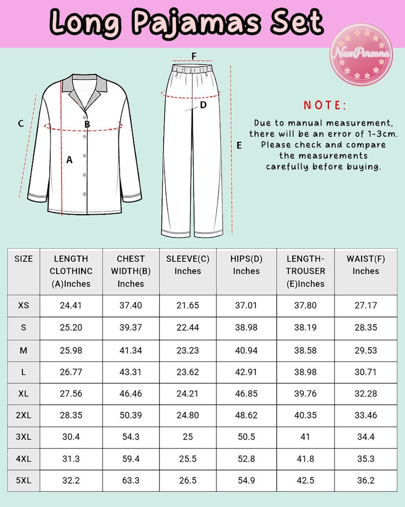 May include: White long pajama set with a button-down top and pants. The image includes a size chart with measurements in inches for clothing length, chest width, sleeve length, hips, trouser length, and waist.