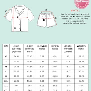 May include: Diagram of a short pajama set with measurements in inches. The set includes a button-down shirt and shorts. The image also includes a size chart with measurements for length, chest width, sleeve, hips, trouser length, and waist.