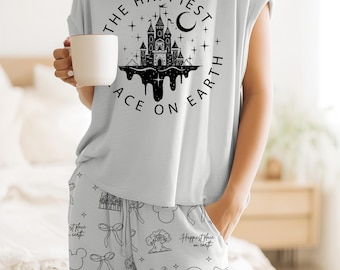 Happiest Place On Earth Pajama Set - Disney Pajama Set, Mickey Pajamas, Disney Lovers Loungewear, Magic Kingdom Sleepwear, Mickey and Minnie