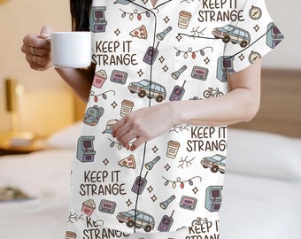 Keep It Strange Pajamas for Women, 80s Retro Aesthetic Sleepwear Set, Sci-Fi Mystery Fan Pjs, Vintage TV Show Loungewear, Gift for Her
