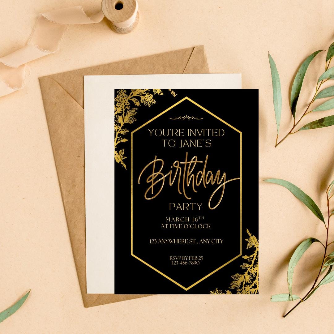 Black & Gold Birthday Invitation Template | Elegant Adult Birthday