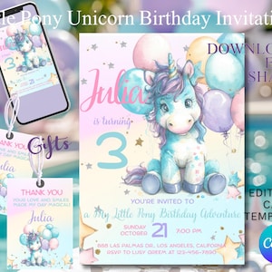 Verjaardagsuitnodiging My Little Pony Unicorn, bewerkbare kinderfeestje, Rainbow Party, direct downloaden