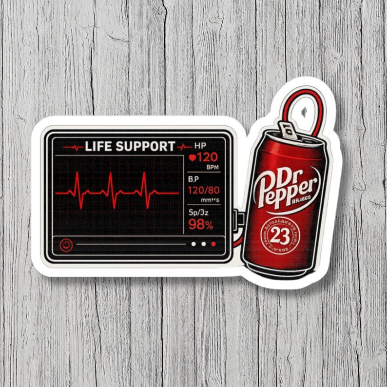 Life Support Sticker Dr Pepper Life Support Sticker | Funny Soda Addiction Kiss-cut Sticker ...