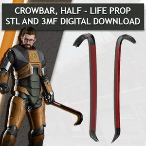 Puede incluir: Imagen de una palanca con mango rojo y extremo curvo negro. La imagen también muestra a una persona con un disfraz sosteniendo una palanca. El texto en la parte superior dice "CROWBAR, HALF - LIFE PROP STL AND 3MF DIGITAL DOWNLOAD."