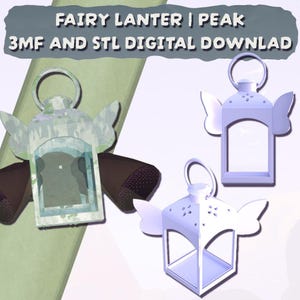 May include: A digital download image showing three fairy lanterns. The lanterns are white and light purple, with wing-shaped details. The text at the top reads "FAIRY LANTERN | PEAK 3MF AND STL DIGITAL DOWNLOAD". Each lantern has a handle at the top.