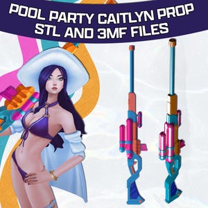 Peut inclure: Illustration d'une femme en bikini violet et chapeau de soleil blanc, tenant un pistolet à eau. Deux pistolets à eau colorés sont affichés à côté d'elle. Le texte en haut indique "POOL PARTY CAITLYN PROP STL AND 3MF FILES."
