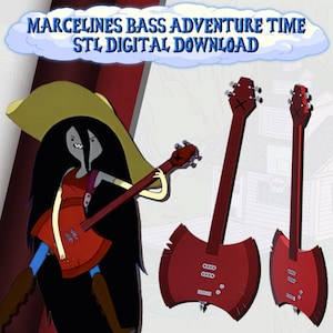 May include: Illustration featuring Marceline from Adventure Time playing a red bass guitar. The image includes two additional red bass guitars and the text "MARCELINES BASS ADVENTURE TIME STL DIGITAL DOWNLOAD" in a cloud-shaped banner.