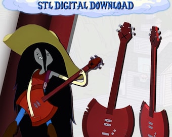 Op de afbeelding: Illustratie van Marceline uit Adventure Time met een rode basgitaar. De afbeelding bevat twee extra rode basgitaren en de tekst "MARCELINES BASS ADVENTURE TIME STL DIGITAL DOWNLOAD" in een wolk-vormige banner.