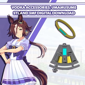May include: Image features a character illustration with accessories. A gold-colored ring with a teal accent and a gray pendant with yellow and teal details are shown. Text reads "VODKA ACCESSORIES, UMAMUSUME STL AND 3MF DIGITAL DOWNLOAD."