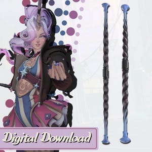 May include: A digital download image featuring a character with a unicorn horn and a costume with red, white, and blue stripes. Two decorative staffs with a twisted design in black, purple, and blue are also shown. The image has the text "Digital Download".