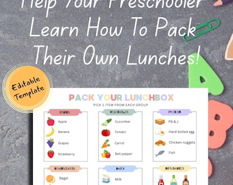 May include: A colorful lunchbox packing guide with the text "Help Your Preschooler Learn How To Pack Their Own Lunches!" and "Pack Your Lunchbox". The guide lists fruits, vegetables, protein, grains, dairy, dips, and sweets.