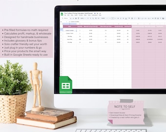 May include: A computer monitor displays a spreadsheet titled "The Crafter's Pricing Calculator." The screen shows a Google Sheets document with data. The image includes text: "Price with confidence. Profit with clarity."