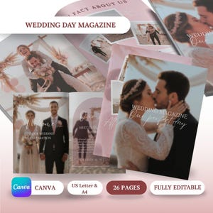 Op de afbeelding: Een stapel trouwmagazines in zachte roze en witte tinten. De omslag toont een kussend stel, met de tekst "WEDDING MAGAZINE Our perfect day." Andere pagina's tonen trouwfoto's en de tekst "Welcome to our wedding celebration."