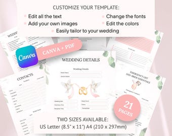 May include: A collection of wedding planning templates with text that reads "Customize Your Template", "Wedding Details", and "Emergency List and Bride Essentials". The templates are available in US Letter (8.5" x 11") and A4 (210 x 297mm) sizes. The Canva logo is visible.