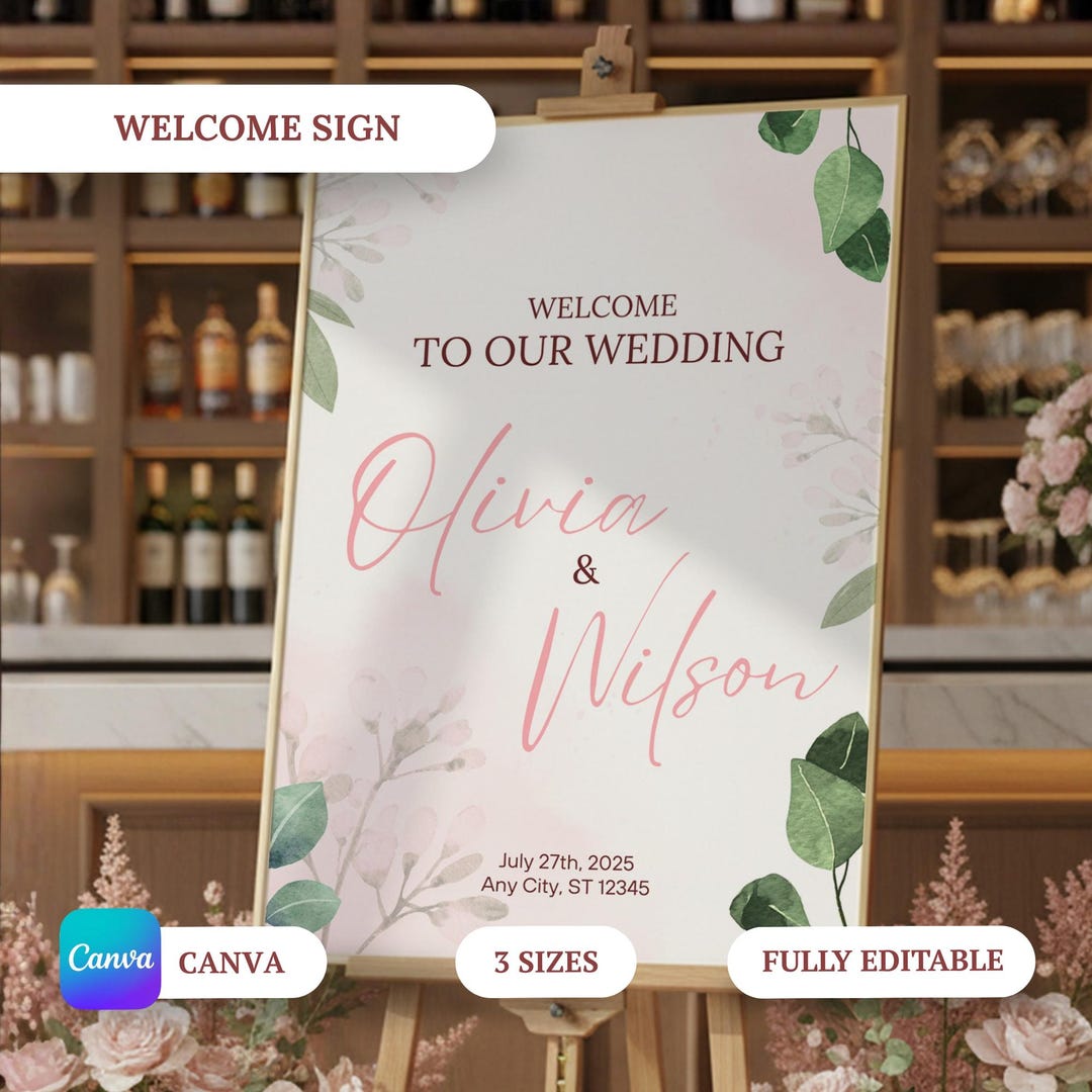 Botanical Wedding Welcome Sign Template, Editable Canva Reception Decor ...