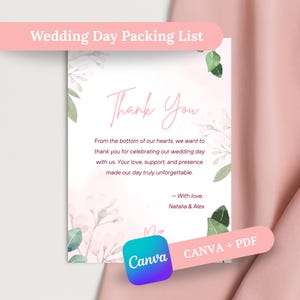 Peut inclure: Une carte de remerciement de mariage avec le texte "Thank You" en écriture élégante. La carte présente un motif floral avec des feuilles vertes et des accents roses. Le texte "Wedding Day Packing List" est en haut.