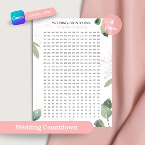 Puede incluir: Un calendario de cuenta regresiva de boda imprimible con un diseño floral. El calendario presenta una cuadrícula de números que cuentan hacia atrás desde 365 días, con el texto "Wedding Countdown" en la parte inferior. Incluye texto "Canva + PDF".