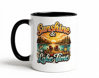 Taza de cerámica Sunshine Lake Time • Decoración para cabañas de aventura al aire libre