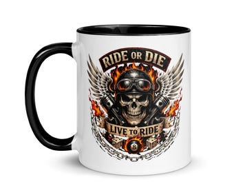 Tazza da caffè da motociclista – Tazza in ceramica con grafica "Ride or Die" e teschio