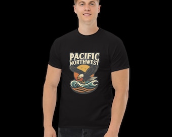 Maglietta Pacific Northwest con motivo a onde oceaniche, sole e aquila
