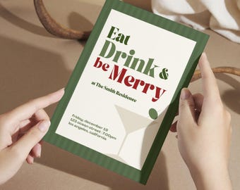 Könnte beinhalten: Eine rechteckige Einladung mit grünem Rand und den Worten "Eat Drink & be Merry" in Grün und Rot. Die Einladung enthält Veranstaltungsdetails: Datum, Uhrzeit und Adresse.