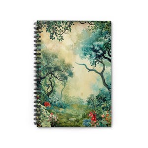May include: Spiral-bound notebook with a watercolour illustration of a verdant forest. The artwork displays a vibrant mix of green, blue, and yellow tones, with detailed trees, foliage, and flowers. The notebook is suitable for journaling or note-taking.