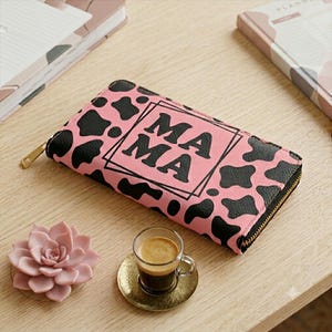 Mama Pink Cow Print Zipper Wallet Stylish Animal Print Long Wallet Gift For Mom