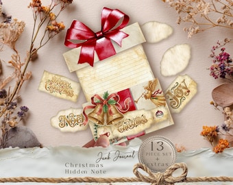 Rustic Christmas Junk Journal hidden note, Use for Christmas tags, as gift card holder or gift box note, also includes Christmas Cutouts.