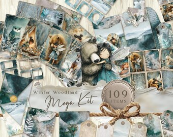 Junk journal winter ephemera bear fairy kit, Christmas pages, fairy forest kit, winter woodland junk journal kit, fairy junk journal. JJ014