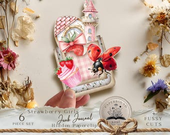 Strawberry Hidden Paperclip Pocket, Ladybug Junk Journal Kit, Hidden Paperclips, Printable Berries, fruit hidden Paperclips Kit JJ005.