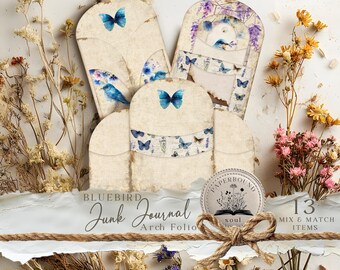 Birds Junk Journal Folio, Bluebird Junk Journal Kit, wildflowers journal, lavender journal, shabby chic, farmhouse folio, blue butterflies.