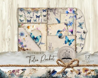 Birds Junk Journal Folio, Bluebird wildflowers, Blue Butterflies, Timeworn Linen, Junk Journal Folio, Ephemera Holder, Bird Envelope