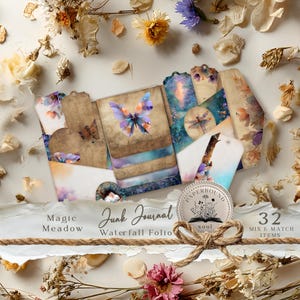 May include: A collection of "Junk Journal" items with a "Magic Meadow" theme. The set includes tags and folios with watercolor butterfly and dragonfly designs. The image features dried flowers and the text "32 MIX & MATCH ITEMS".