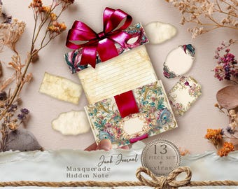 Masquerade junk journal Hidden Note, carnival gift box, hidden note envelope, venetian style, digital hidden note, Halloween ballroom JJ013.