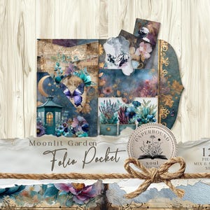May include: A 12-piece mix and match set of folio pockets with a Moonlit Garden theme. The design features a butterfly, flowers, and a lantern in shades of blue, purple, and gold. The set includes a Paperbound soul label and a decorative rope.
